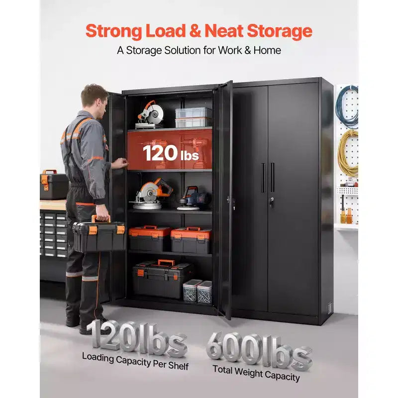 Armoire de rangement métallique VEVOR, armoire de garage verrouillable en acier de 68.9 in avec 4 étagères réglables, 2 portes magnétiques, 2 clés, 5 niveaux de rangement pour outils, noire