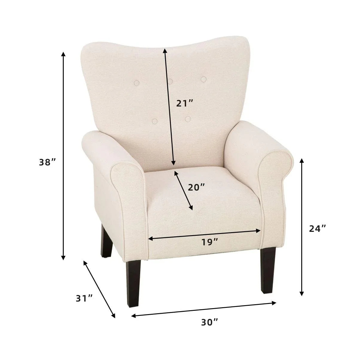 Fauteuil d’appoint moderne Erommy à dossier haut, fauteuil une place en tissu rembourré avec boutons et pieds en bois, pour salon