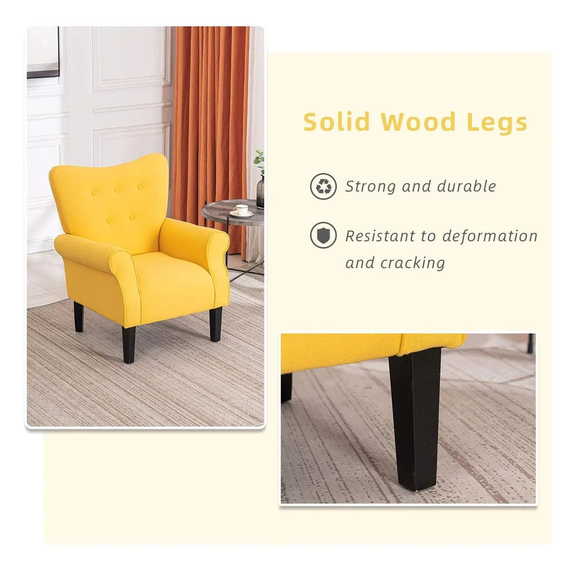 Fauteuil d’appoint moderne Erommy à dossier haut, fauteuil une place en tissu rembourré avec boutons et pieds en bois, pour salon