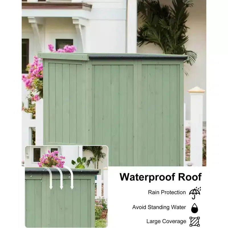 Weerbestendige buitenschuur van 63 Inch, met verwijderbare planken, sloten en dubbele luikdeuren, hoge houten tuingereedschapsschuur met vloer voor terras en tuin
