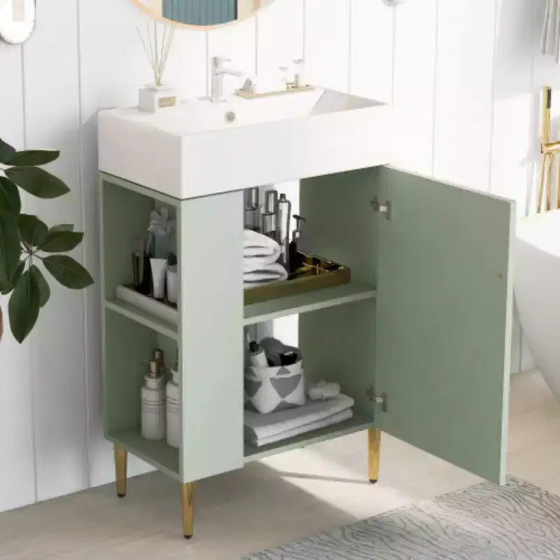 Witte badkamermeubelcombinatie van 21.6, opbergkast voor de badkamer, enkele keramische wastafel, opbergruimte aan de linkerkant