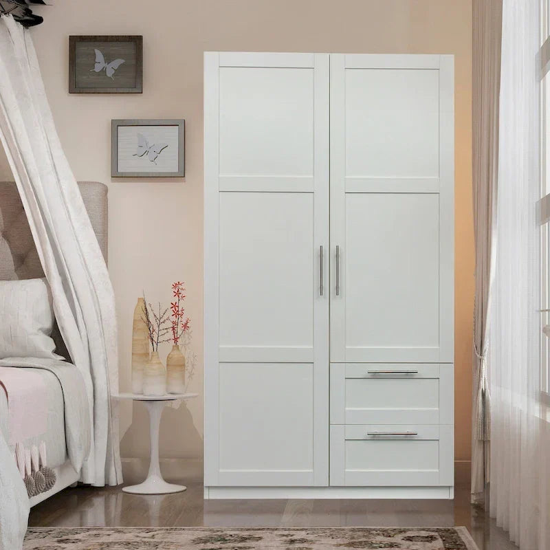 Armoire de rangement en bois blanc avec portes, tiroirs et tringle de penderie
