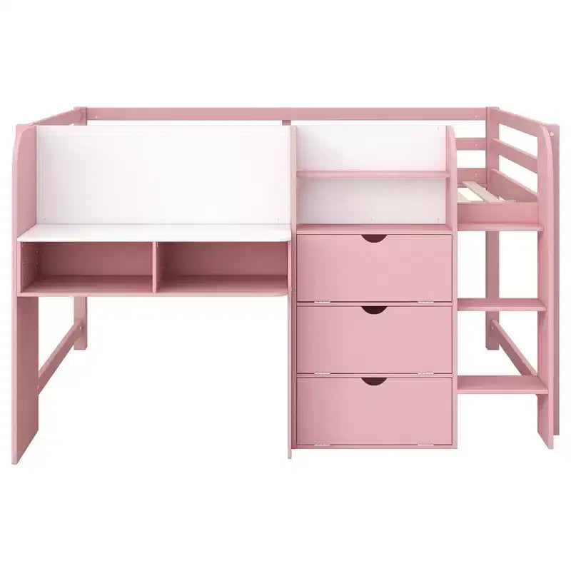 Roze/witte lage hoogslaper met bureau, opbergruimte en whiteboard ?C eenpersoonsbed, 1 persoon