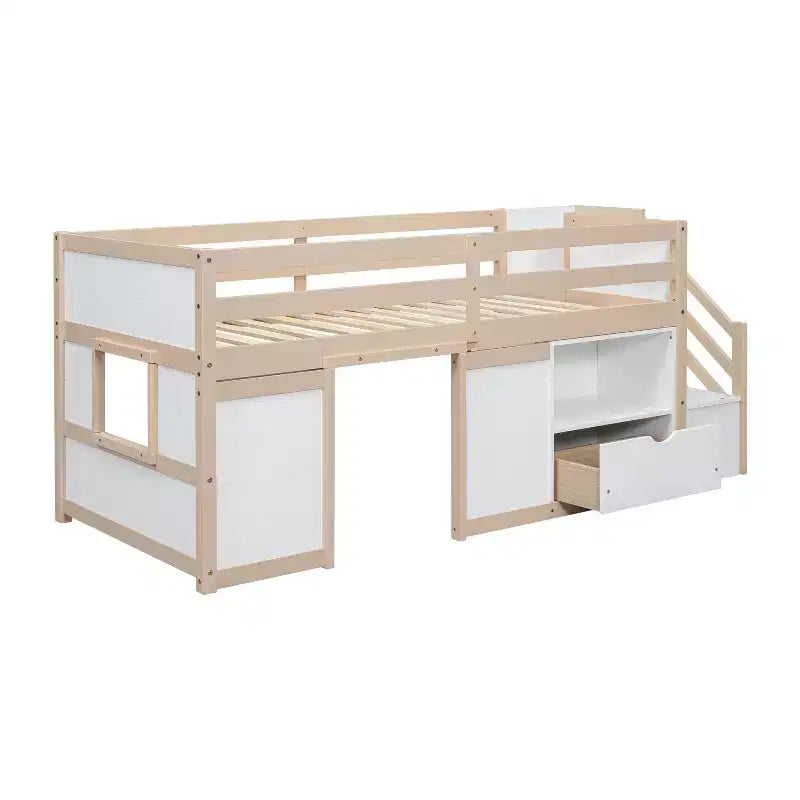 94.6L x 42.3W laag halfhoogslaper van massief hout voor een eenpersoonsbed, met trap, lade en plank, modern en strak ontwerp