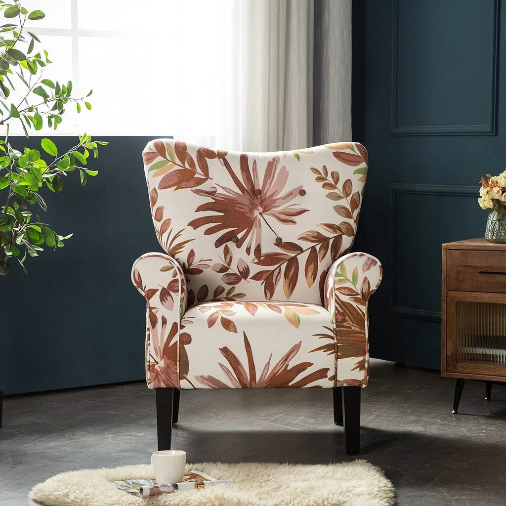 Fauteuil d’appoint moderne Erommy à dossier haut, fauteuil une place en tissu rembourré avec boutons et pieds en bois, pour salon