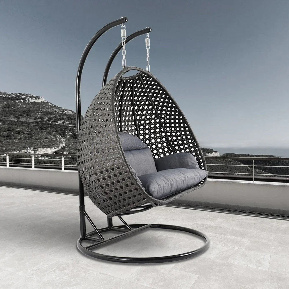 Fauteuil œuf suspendu 2 places LeisureMod avec support - fauteuil hamac balançoire de patio en osier de rotin pour l’extérieur et l’intérieur, avec coussins