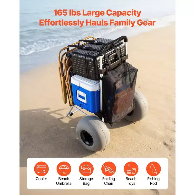 VEVOR Strandwagen mit großen Rädern für Sand, Ladefläche 20 x 15, klappbarer Strandwagen mit 12 Ballonreifen, Tragkraft 165 lbs, Silber+Schwarz
