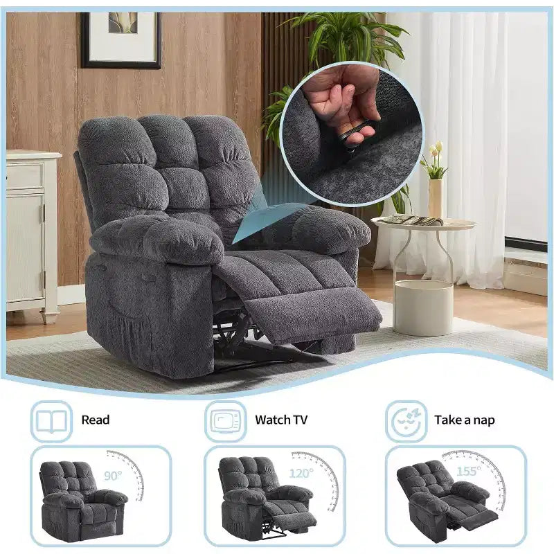 Handmatige relaxfauteuil, ergonomische relaxfauteuil van ademende stof met zijvakken, eenpersoonsbank, geschikt voor de woonkamer en slaapkamer