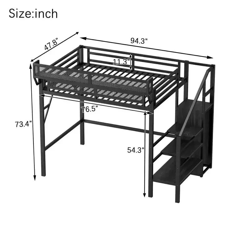 Okak Hochbett für Einzelbettmatratze mit Kleiderschrank, 94 Zoll, mit Ablagefächern und Korb, Bettgestell für Schlafzimmer und Wohnheim