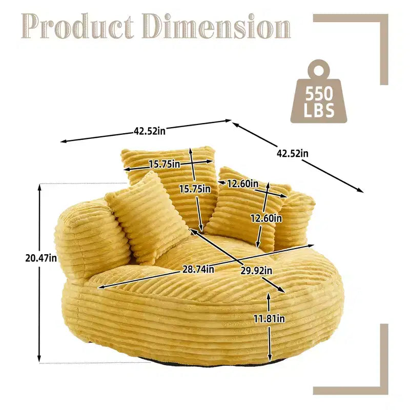 Sitzsacksofa für Erwachsene und Kinder, übergroßer Cord-Sitzsack mit 3 Kissen und Armlehnen für Wohnzimmer und Schlafzimmer