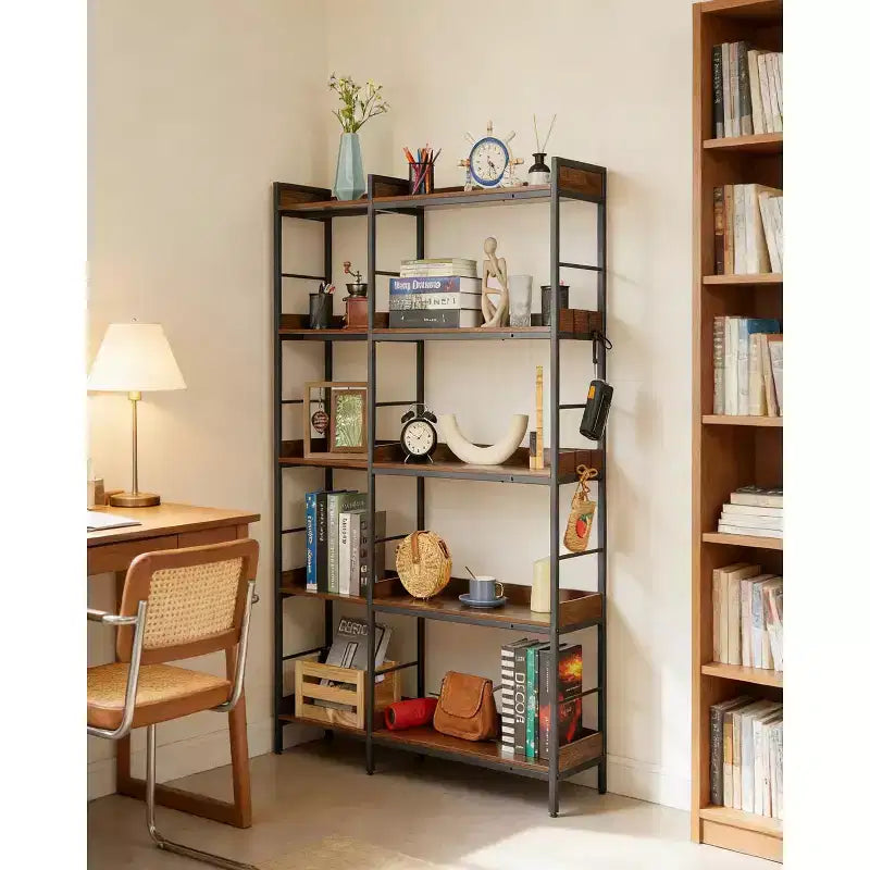 Bibliothèque d'angle en L à 5 niveaux, 65, en bois et métal de style industriel (brun rustique), rangement réversible pour le salon, la chambre et le bureau à domicile