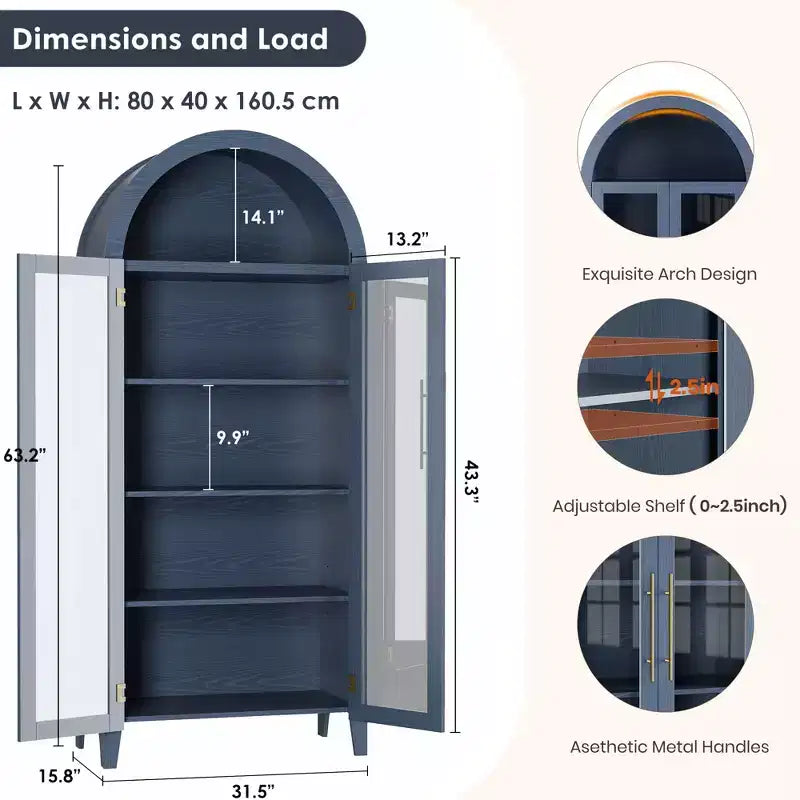 Hoge gebogen opbergkast met glazen deuren, vitrinekast met 5 niveaus en verstelbare planken voor keuken of woonkamer