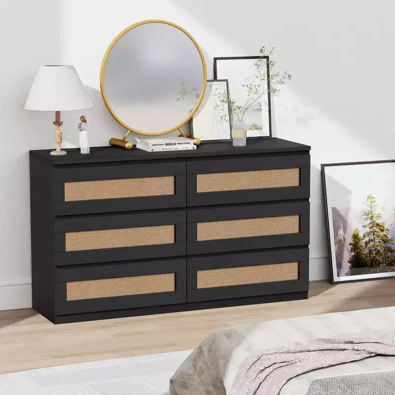 Rotan ladekast voor de slaapkamer met 6 laden, brede moderne ladekast van 47 inch in landelijke stijl, houten opbergkast en organizer voor kledingkast, woonkamer en hal