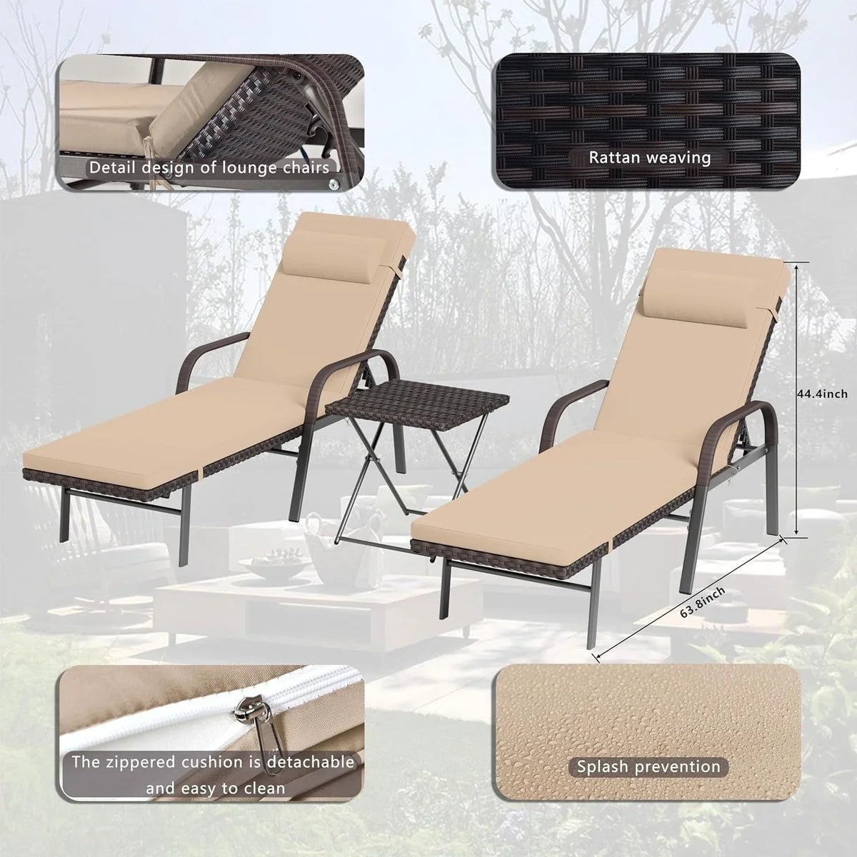 Kullavik 3-teiliges Outdoor-Lounge-Set mit Liegestühlen