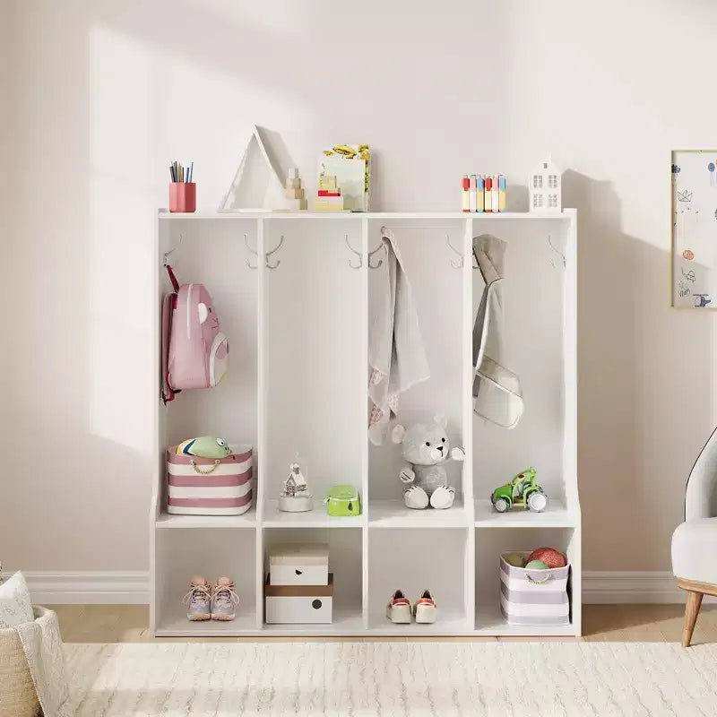 Bruin/witte locker met 4 vakken en 8 haken, voor kinderen