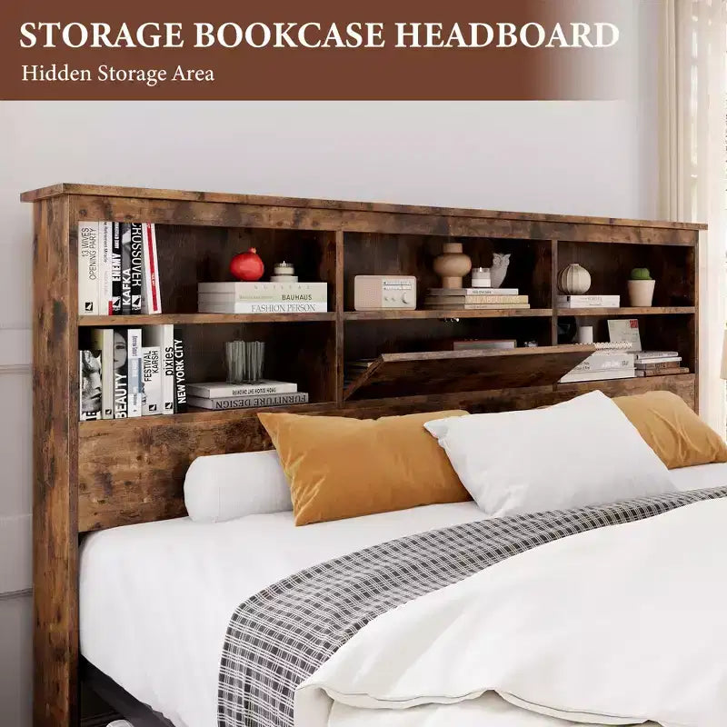 Cadre de lit double avec tête de lit de rangement, cadre de lit en bois avec 4 tiroirs, bibliothèque de rangement et lit plateforme king size avec support métallique robuste
