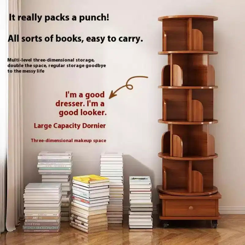 Bibliothèque d’angle rotative à 360° Chic Crate, 6 niveaux, sur roulettes, étroite et adaptée aux petits espaces  brun noyer