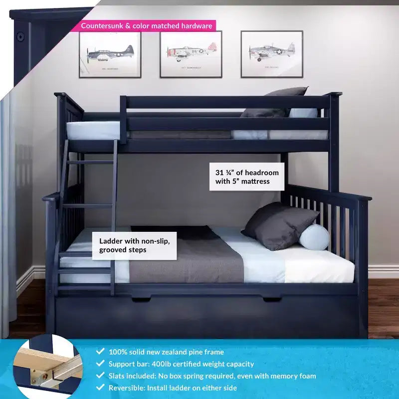 Max & Lily stapelbed van massief hout, eenpersoonsbed boven een tweepersoonsbed, met onderschuifbed met opbergruimte en ladder voor kinderen