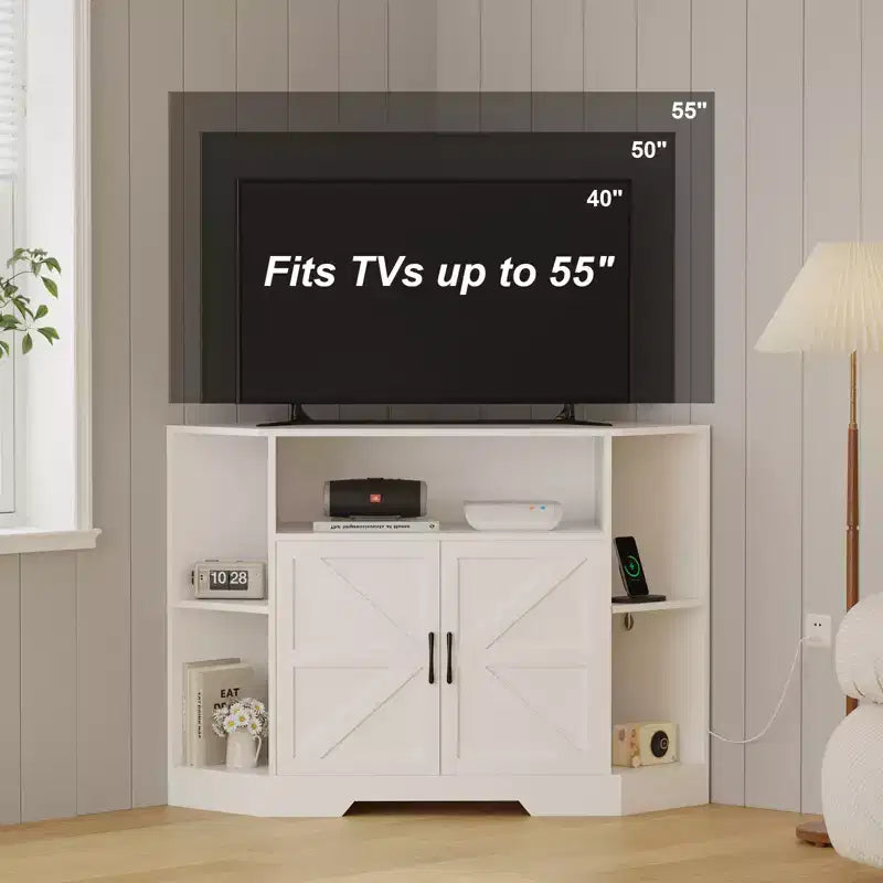 Meuble TV d’angle pour téléviseurs jusqu’à 55, console multimédia de style maison de campagne avec portes de grange, étagères ouvertes et placard de rangement, blanc