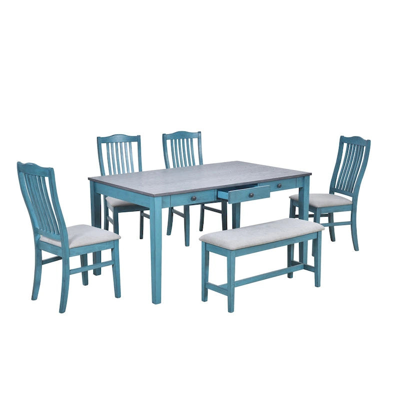 Eetkamerset van hout, 6-delig, met 4 stoelen en een bankje, tafel met lade