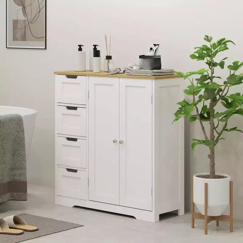 HOMCOM Badezimmerschrank mit verstellbarem Einlegeboden, freistehender Badezimmerschrank mit 4 Schubladen und 2 Türen, weiß