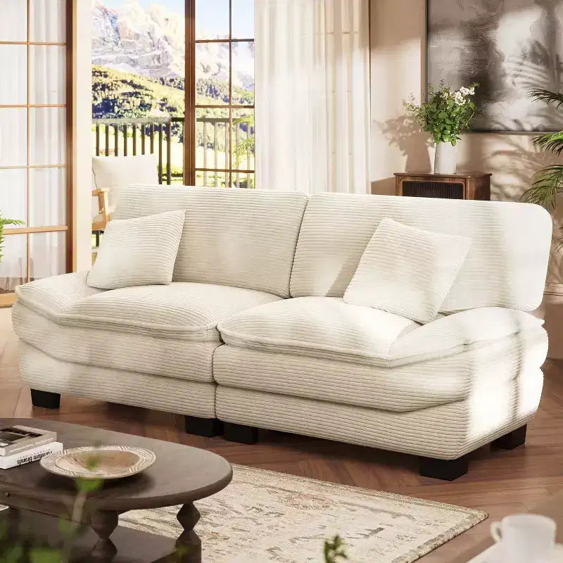 Beiges 87-Zoll-Cordsofa mit 2 Kissen, tiefes Sofa in Segelbootform für Wohnzimmer, kleine Räume, Büro oder Wohnung - Morden Fort