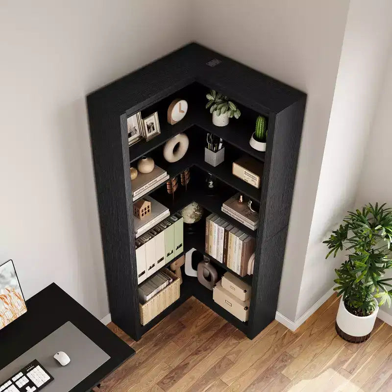 Zwart/wit/hout/retro, L-vormige hoekboekenkast, 5 niveaus, enkel