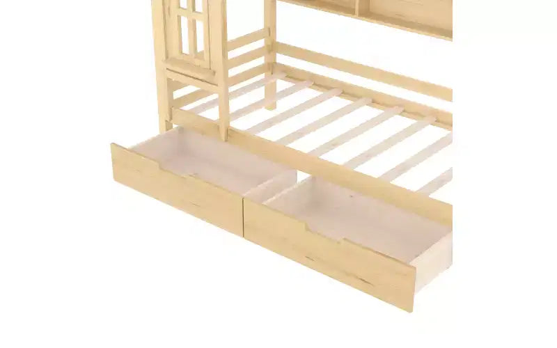 Hausbett mit Stauraumschubladen und Fenster, Massivholzrahmen mit Regalen, kindgerechtes verspieltes Design, hellweiß