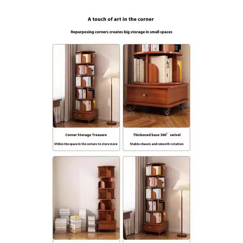 Bibliothèque d’angle rotative à 360° Chic Crate, 6 niveaux, sur roulettes, étroite et adaptée aux petits espaces  brun noyer