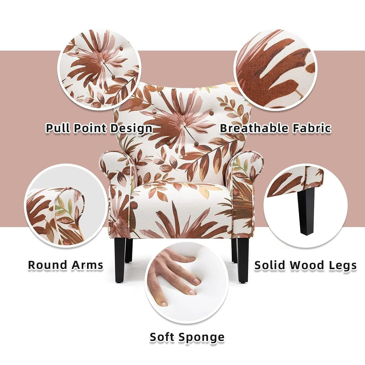 Fauteuil d’appoint moderne Erommy à dossier haut, fauteuil une place en tissu rembourré avec boutons et pieds en bois, pour salon
