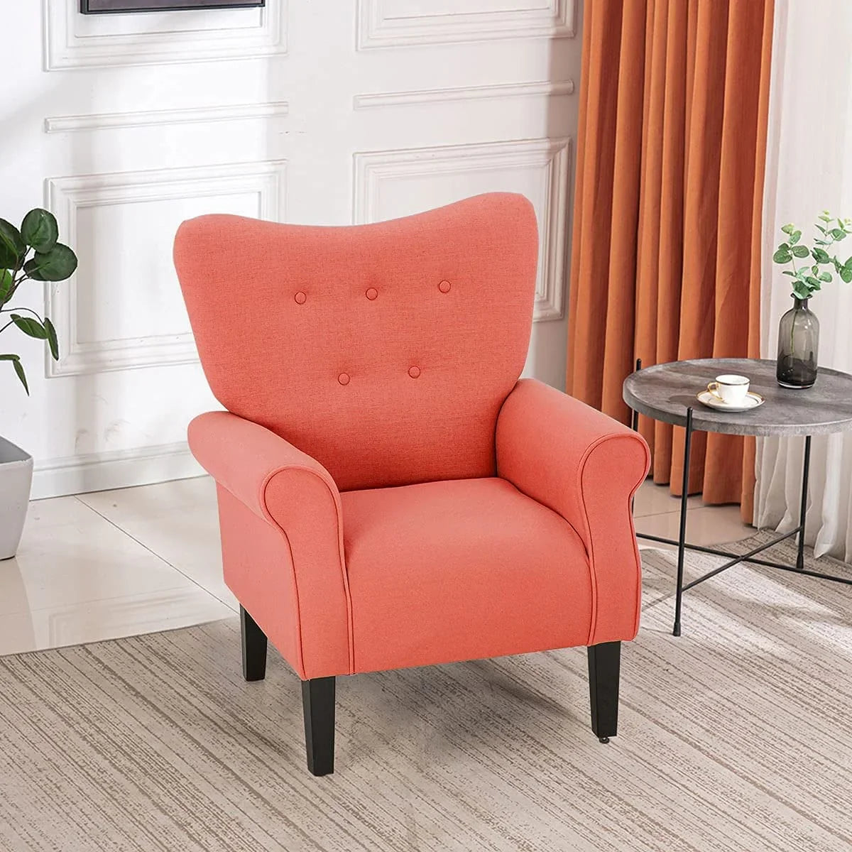 Fauteuil d’appoint moderne Erommy à dossier haut, fauteuil une place en tissu rembourré avec boutons et pieds en bois, pour salon