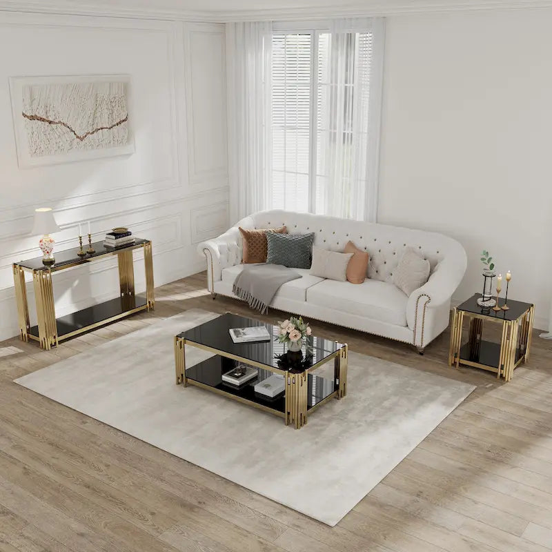 Narrow 2-tier Console Table with Gold Finished Metal Frame and Tempered Glass Top