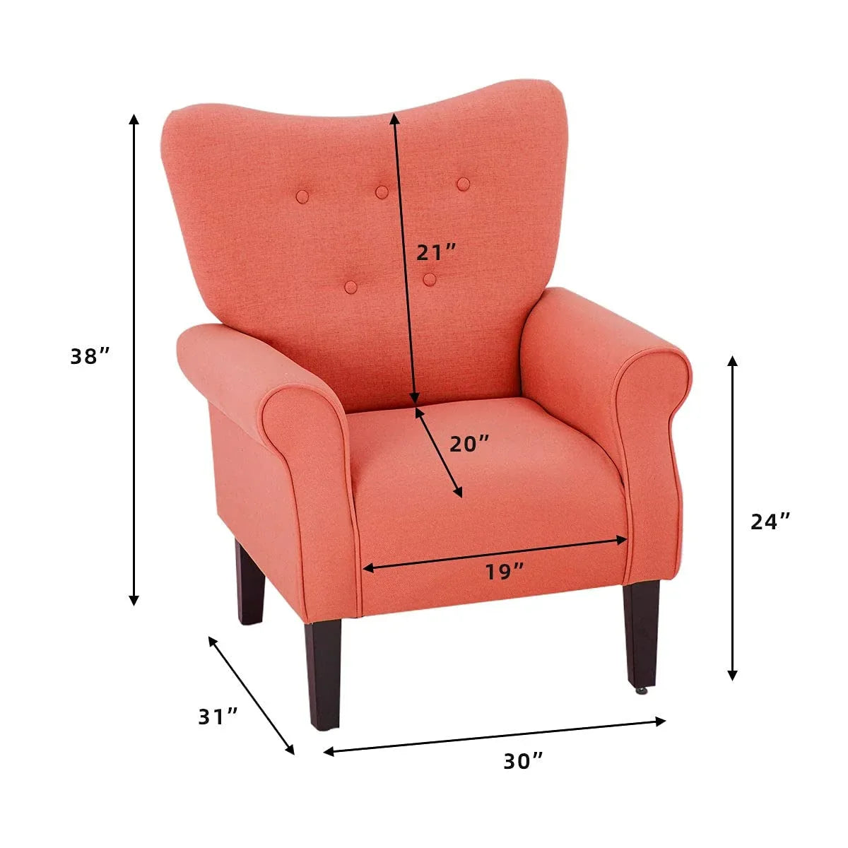 Fauteuil d’appoint moderne Erommy à dossier haut, fauteuil une place en tissu rembourré avec boutons et pieds en bois, pour salon