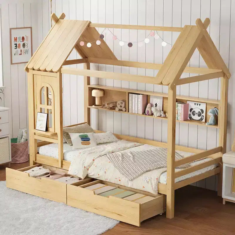 Hausbett mit Stauraumschubladen und Fenster, Massivholzrahmen mit Regalen, kindgerechtes verspieltes Design, hellweiß