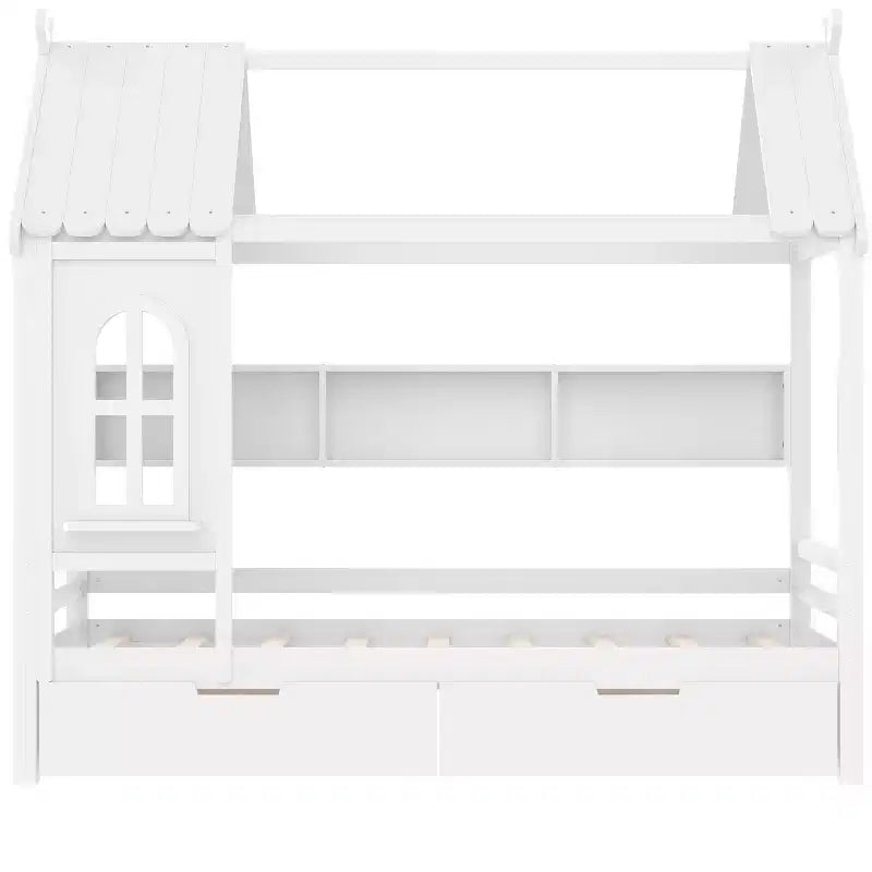 Hausbett mit Stauraumschubladen und Fenster, Massivholzrahmen mit Regalen, kindgerechtes verspieltes Design, hellweiß