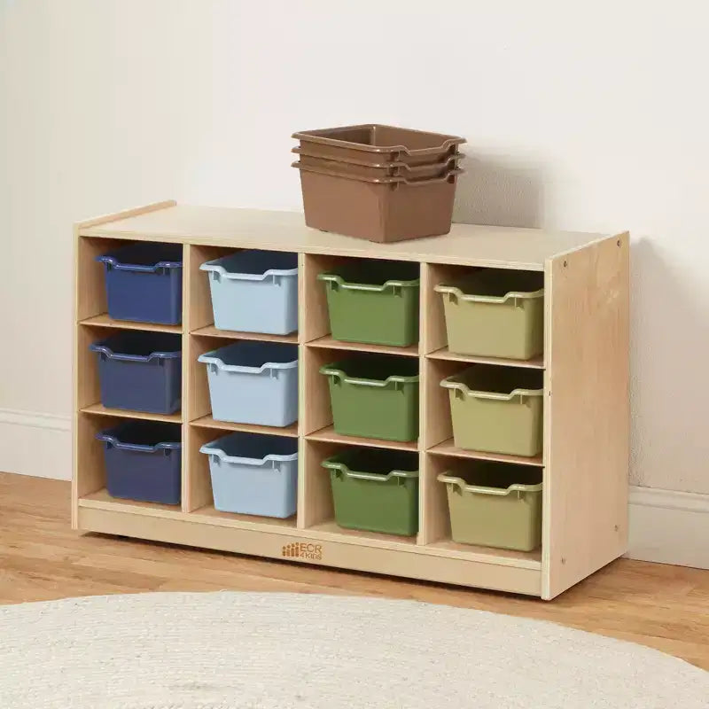 Meuble mobile à casiers avec plateau et 15 bacs à façade incurvée, 3x4, mobilier pour enfants