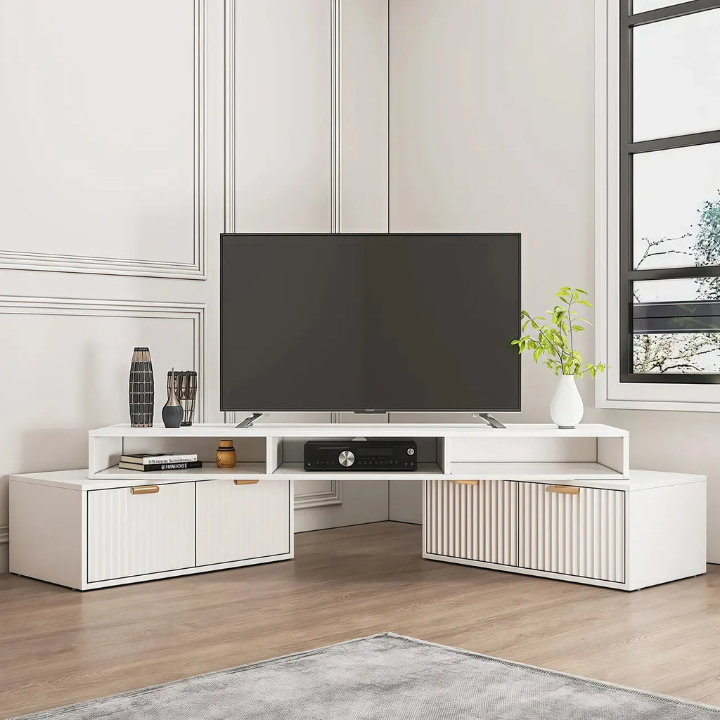 Moderner weißer Eck-TV-Ständer mit 2 Schubladen und offenem Stauraum
