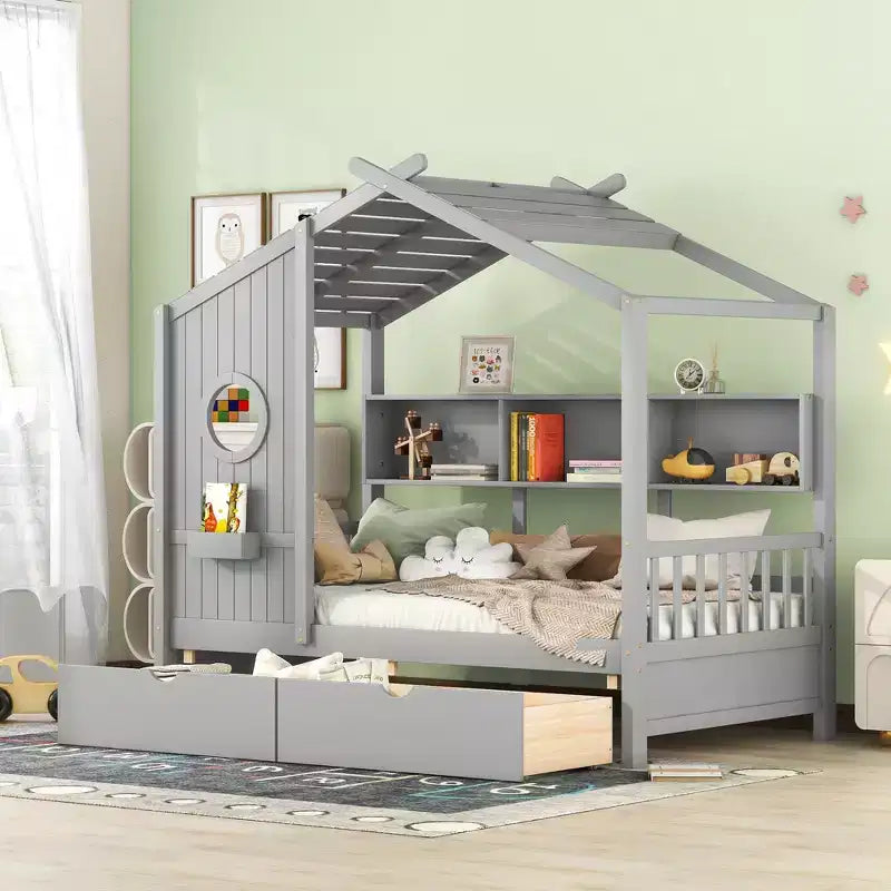Lit cabane en bois format simple/double avec 2 tiroirs, lit pour enfant avec étagère de rangement - ModernLuxe