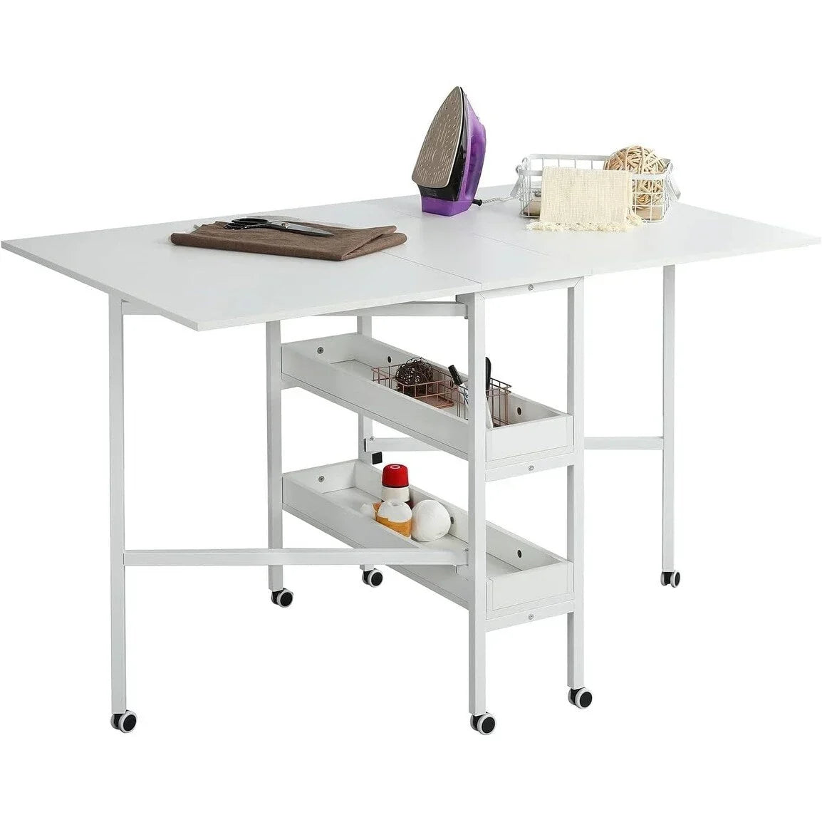Table d’activités réglable en hauteur avec étagères de rangement, table de découpe pliante et mobile pour bureau à domicile, couture ou loisirs créatifs