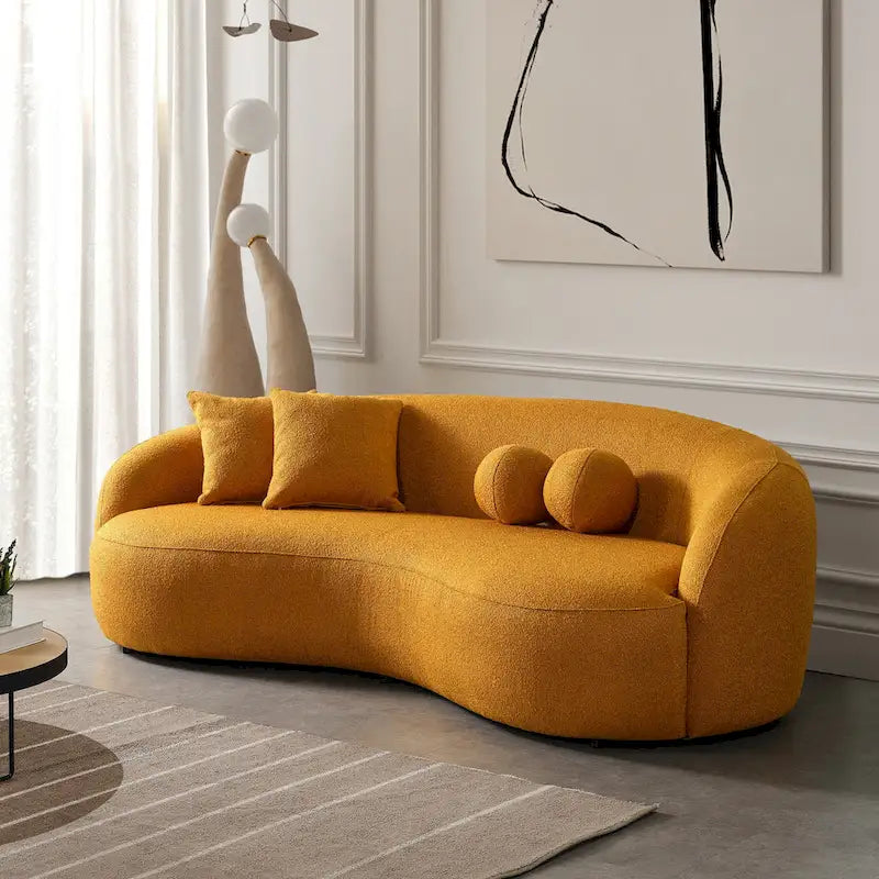 Blaine luxe, moderne gebogen bank van boucléstof in Japandi-stijl