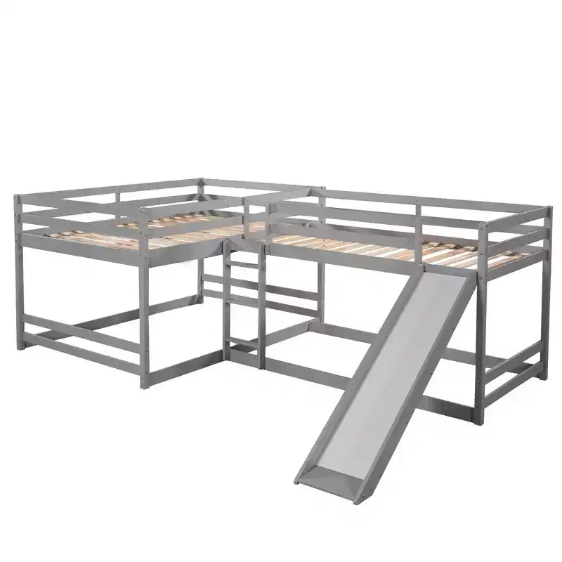 L-vormig stapelbed voor 4 kinderen, stapelbed voor vier met glijbaan, eenpersoonsbed en tweepersoonsbed, houten frame voor slaapkamer of studentenhuis