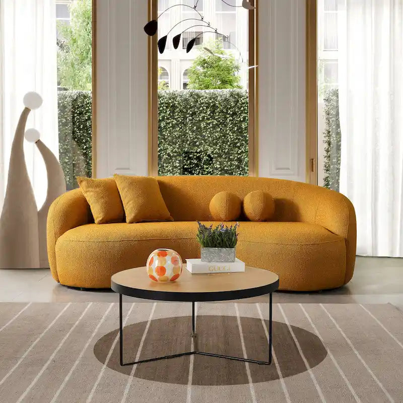 Blaine luxe, moderne gebogen bank van boucléstof in Japandi-stijl