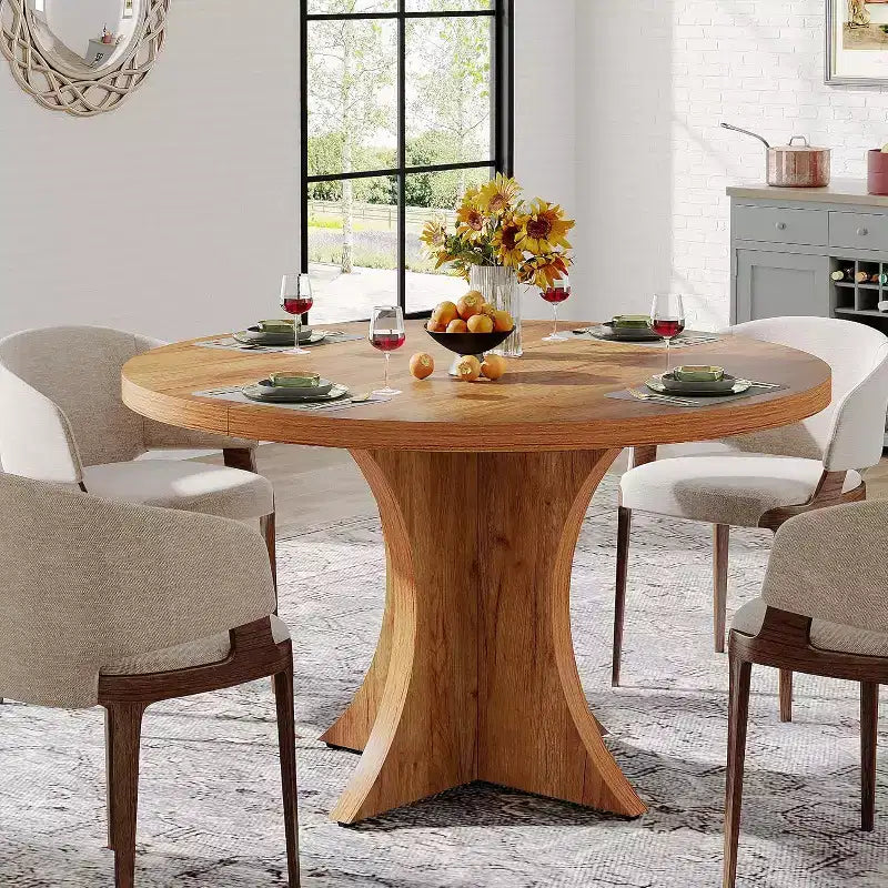 Lantine ronde eettafel van 47.24 inch voor 4-6 personen, eettafel in landelijke stijl met middenpoot, kleine eettafel voor de eetkamer of woonkamer, bruin