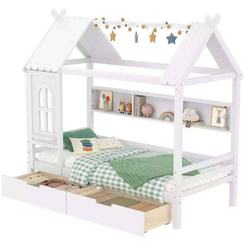 Hausbett mit Stauraumschubladen und Fenster, Massivholzrahmen mit Regalen, kindgerechtes verspieltes Design, hellweiß