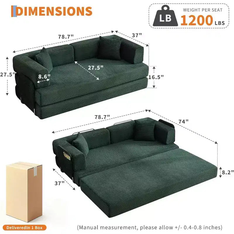 Canapé-lit de sol en velours côtelé avec coussins, accoudoirs et dossier convertibles, adapté aux salons, chambres et appartements.