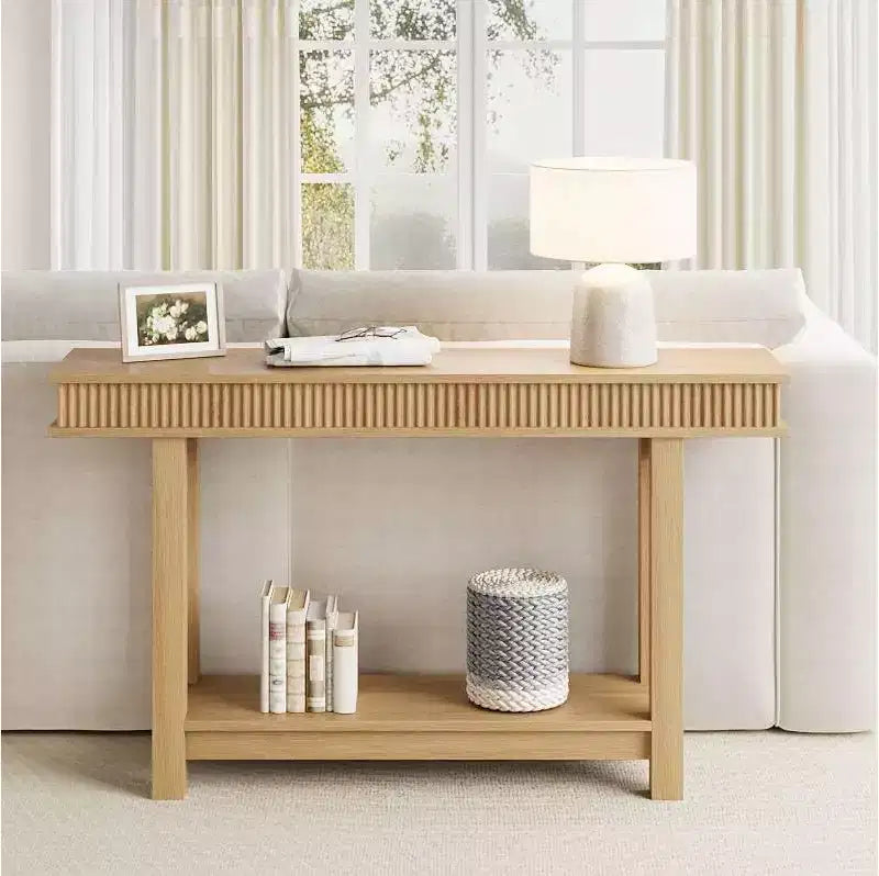 Landelijke consoletafel van gefreesd hout, 2 niveaus met opbergruimte op de plank, rechthoekige smalle haltafel voor achter de bank, voor de entree, gang of woonkamer