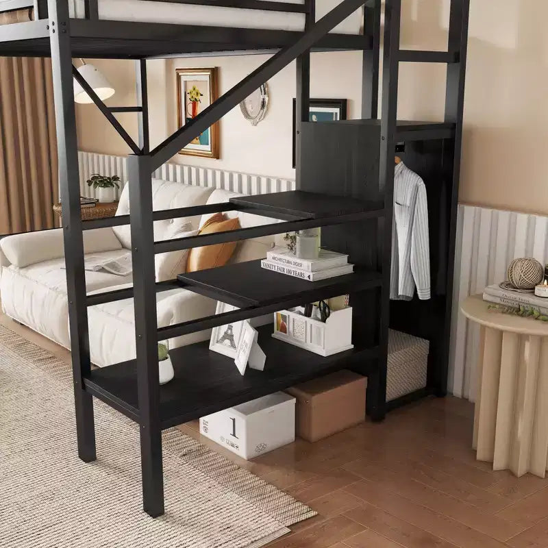 Okak Hochbett für Einzelbettmatratze mit Kleiderschrank, 94 Zoll, mit Ablagefächern und Korb, Bettgestell für Schlafzimmer und Wohnheim