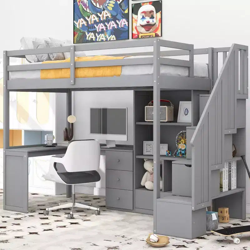 Hochbett in Einzelbettgröße mit L-förmigem Schreibtisch, 3 Schubladen, Schrank und Stauraum in der Treppe, Konstruktion aus massivem Kiefernholz/MDF