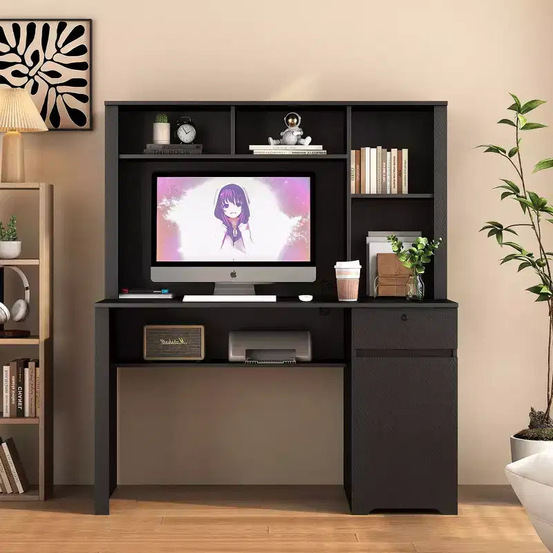 Moderne computerbureau van 51.18IN met opzetkast en boekenplank, bureau met veel opbergruimte, schrijftafel voor studeerkamer en leesruimte