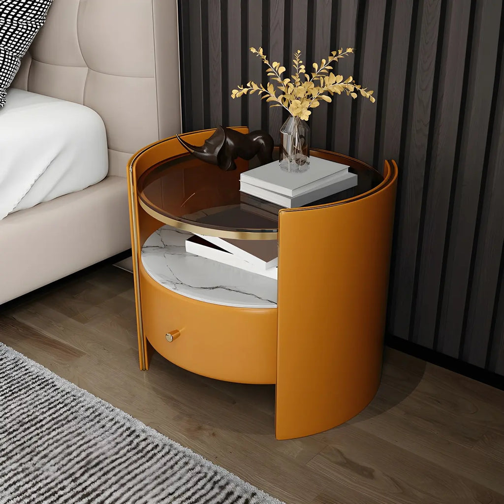 Luxuriöser Nachttisch mit Glasplatte, Schublade und offenem Fach